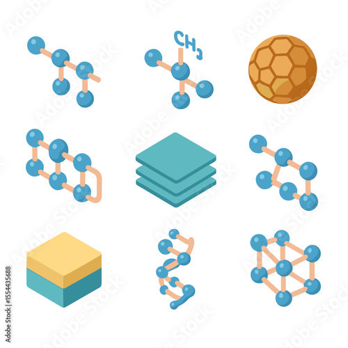 Polymer Icon Set. Isometric Flat icon set of polymer and macromolecules: polyethylene chain, polypropylene segment, polystyrene