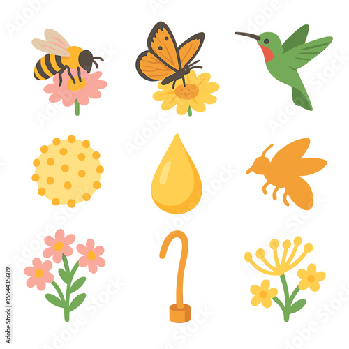 Pollinators and Wildflowers Icons. Isometric Flat icon set of pollinators and wildflowers: bee on wildflower, butterfly on bloom,
