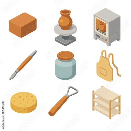 Pottery Icon Set. Isometric Flat icon set of pottery and ceramics art: clay block, pottery wheel, kiln, sculpting tool, glaze jar,