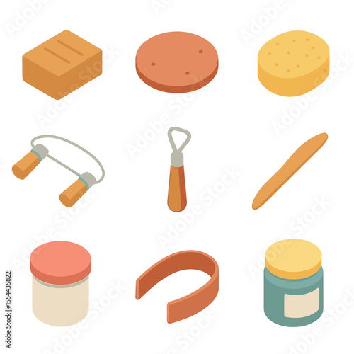 Pottery Tools Icon Set. Isometric Flat icon set of pottery tools and materials: clay block, bat, sponge, wire cutter, loop tool,