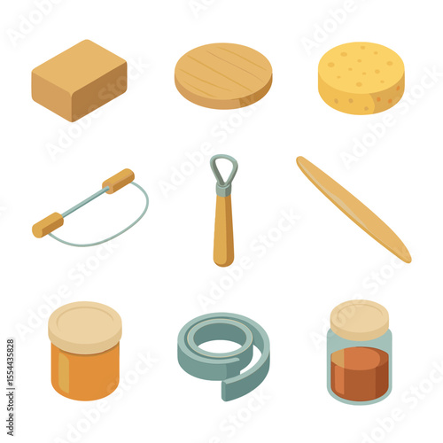 Pottery Tools Icon Set. Isometric Flat icon set of pottery tools and materials: clay block, bat, sponge, wire cutter, loop tool,