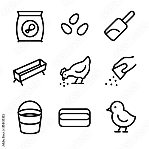 Poultry Feeding Icons. Outline icon set of poultry feeding routine: feed sack, corn kernels, feed scoop, trough feeder, chicken
