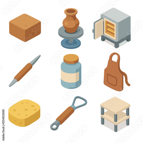 Pottery Icon Set. Isometric Flat icon set of pottery and ceramics art: clay block, pottery wheel, kiln, sculpting tool, glaze jar,