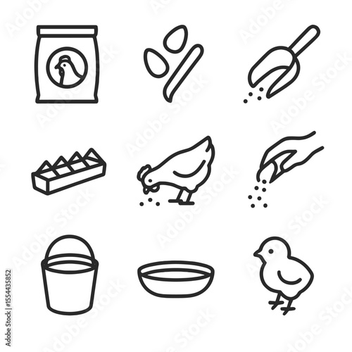 Poultry Feeding Icons. Outline icon set of poultry feeding routine: feed sack, corn kernels, feed scoop, trough feeder, chicken