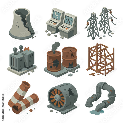 Power Plant Destruction Icons. Isometric Flat icon set of bombed power plant: collapsed cooling tower, shattered control panels,