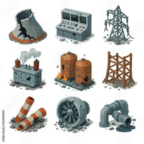 Power Plant Destruction Icons. Isometric Flat icon set of bombed power plant: collapsed cooling tower, shattered control panels,