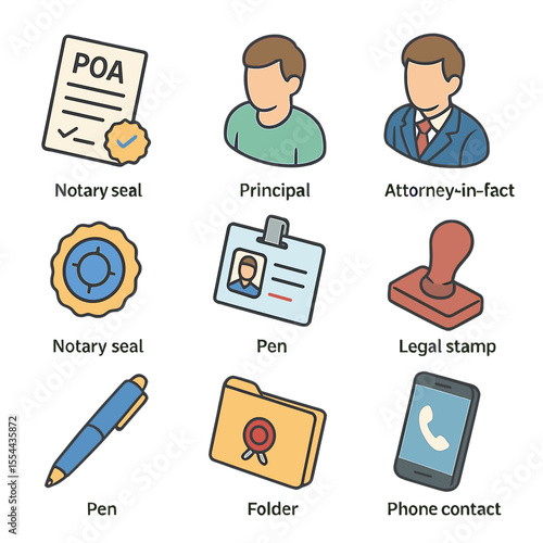 Power of Attorney Icons. Isometric Flat icon set of power of attorney: POA form, principal avatar, attorney-in-fact avatar, notary