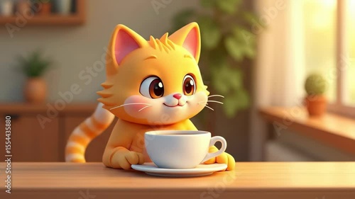 A cute orange cartoon kitten sits at a wooden table, holding a white cup. The background features a bright, sunny room with plants.