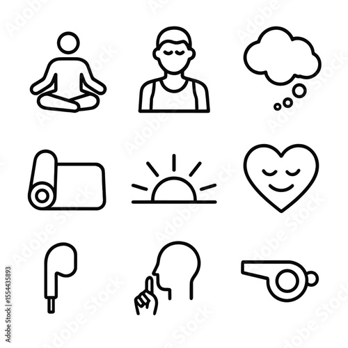 Pre-Game Meditation Icons. Outline icon set of pre-game meditation: lotus pose, closed-eye athlete, thought bubble, yoga mat,