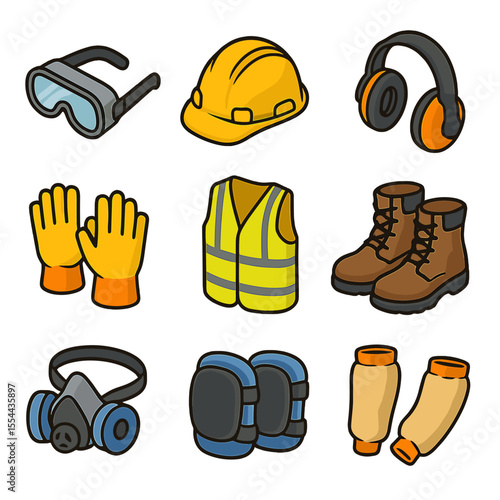 PPE Icon Set. Isometric Flat icon set of glove accessories and complementary PPE: safety goggles, hard hat, ear muffs,