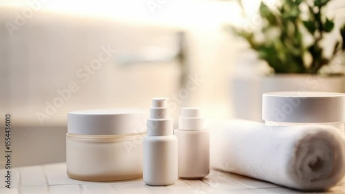 A clean bathroom countertop with skincare products including jars and bottles, a rolled towel, and a small plant in the background.