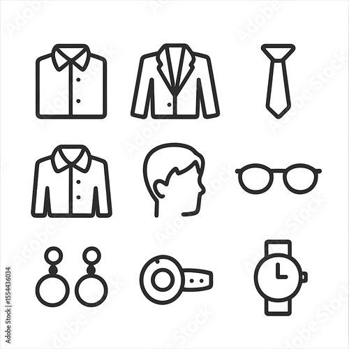 Professional Dress Icons. Outline icon set of professional dress code and grooming: collared shirt, blazer, tie, blouse, haircut,