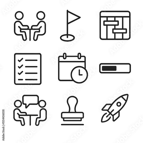 Project Icons Set. Outline icon set of project timeline elements: kickoff meeting, milestone, Gantt chart, task list, deadline,