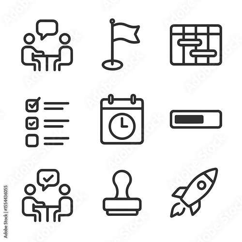 Project Icons Set. Outline icon set of project timeline elements: kickoff meeting, milestone, Gantt chart, task list, deadline,