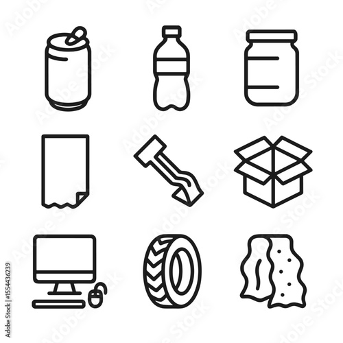 Recycled Materials Icons. Outline icon set of recycled materials: aluminum can, plastic bottle, glass jar, paper scrap, steel