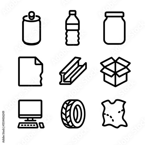 Recycled Materials Icons. Outline icon set of recycled materials: aluminum can, plastic bottle, glass jar, paper scrap, steel