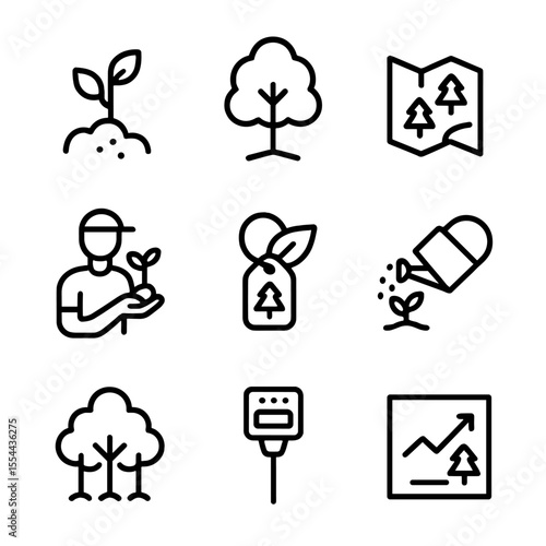 Reforestation Icons Set. Outline icon set of Reforestation Offset Projects: seedling sapling, planted tree, forestry map,