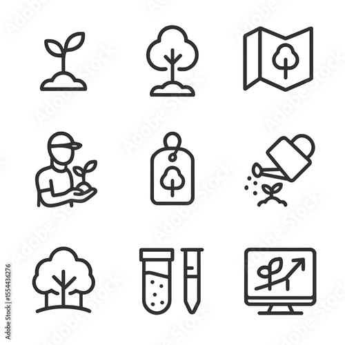 Reforestation Icons Set. Outline icon set of Reforestation Offset Projects: seedling sapling, planted tree, forestry map,