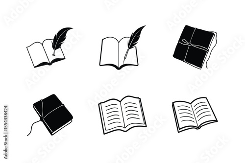 Elegant Book and Quill Icons Simple Black and White Illustrations for Writers and Readers