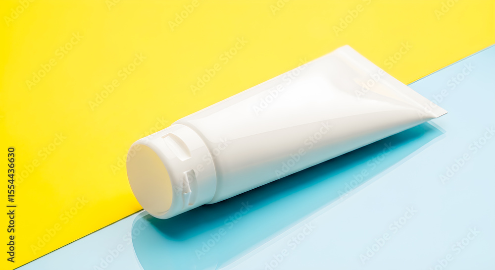 Clean white tube of cosmetic cream lies on a vibrant yellow and light blue background for a modern beauty product aesthetic. Clean white tube of cosmetic cream lies on a vibrant yellow and light blue background for a modern beauty product aesthetic.