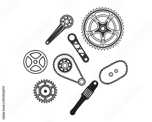 This graphic showcases various bicycle parts in a clean, outline style