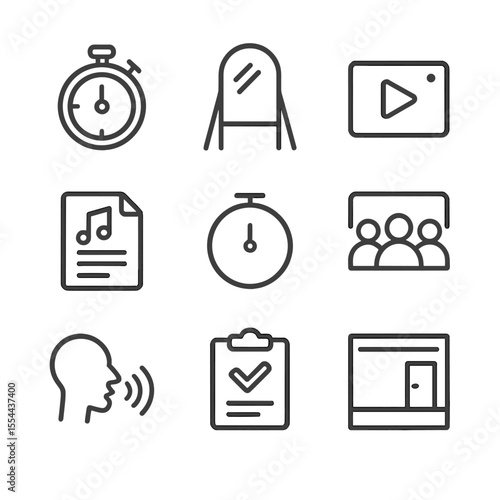 Rehearsal Icons Grid. Outline icon set of rehearsal and practice: stopwatch, mirror, camera recording, script notes, timer app,
