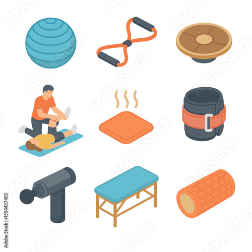 Rehabilitation Icon Set. Isometric Flat icon set of rehabilitation and injury prevention: physio ball, resistance band, balance