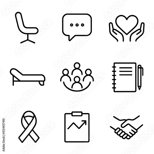 Rehabilitation Icon Set. Outline icon set of rehabilitation and counseling services: counselor chair, speech bubble, heart with