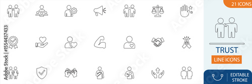 Trust line icon set. Minimal line icons representing honesty, loyalty, partnership, support, care, empathy, and integrity. Perfect for business and relationship themes.