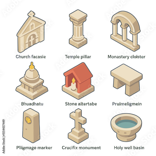 Religious Icon Set. Isometric Flat icon set of Religious Stone Monuments: church façade carving, temple pillar, monastery cloister