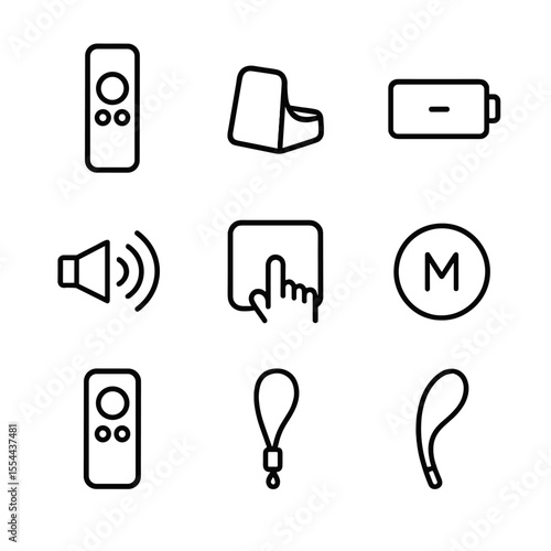 Remote Control Icon Set. Outline icon set of Remote Control and Accessories: remote silhouette, charging dock, battery icon, IR