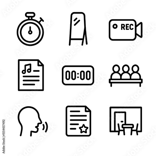Rehearsal Icons Grid. Outline icon set of rehearsal and practice: stopwatch, mirror, camera recording, script notes, timer app,