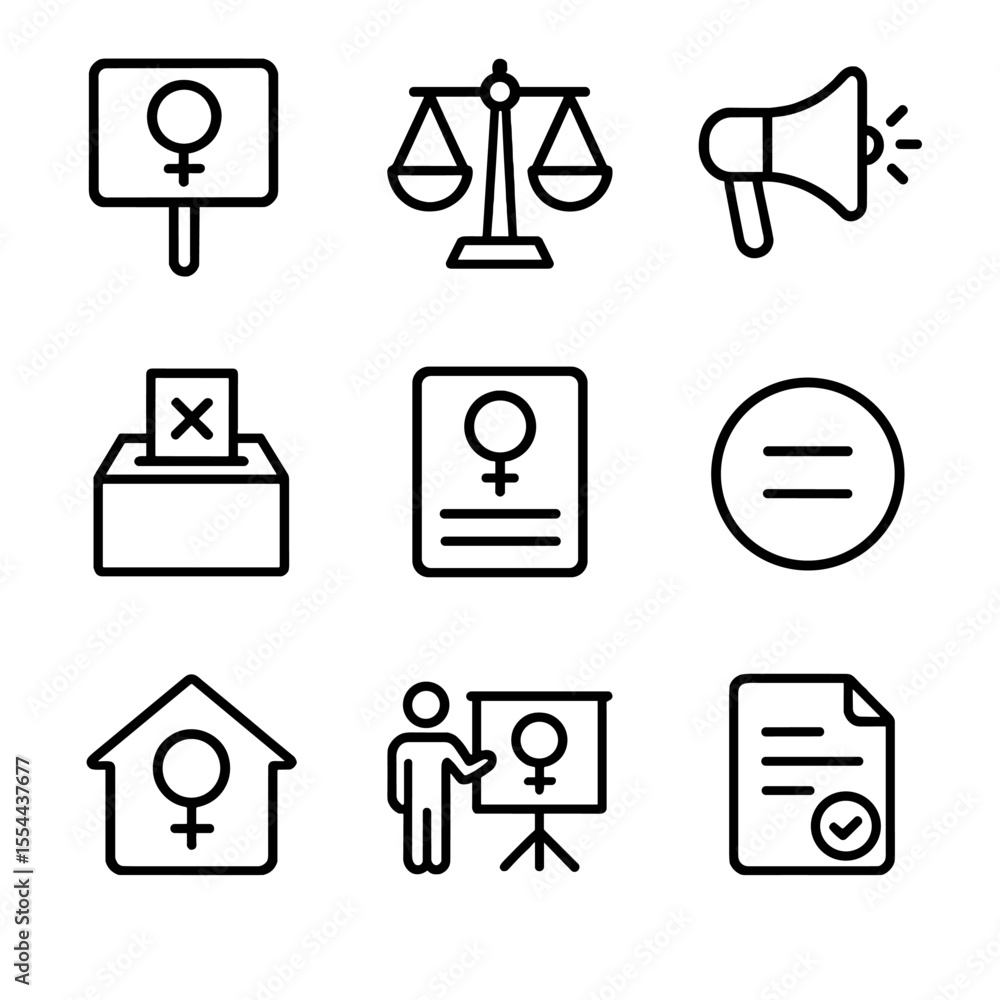 Reproductive Rights Icons. Outline icon set of reproductive rights advocacy: protest sign, legal scales, megaphone, ballot box, Reproductive Rights Icons. Outline icon set of reproductive rights advocacy: protest sign, legal scales, megaphone, ballot box,