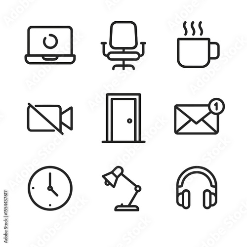 Remote Work Icons. Outline icon set of remote work isolation: spinning laptop, empty desk chair, coffee mug cold, muted video call