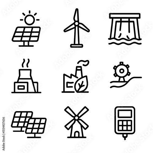 Renewable Energy Icons. Outline icon set of renewable energy sources: solar panel, wind turbine, hydro dam, geothermal plant,