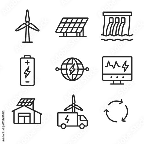 Renewable Energy Icons. Outline icon set of Renewable Energy Integration: wind turbine, solar panel array, hydroelectric dam,