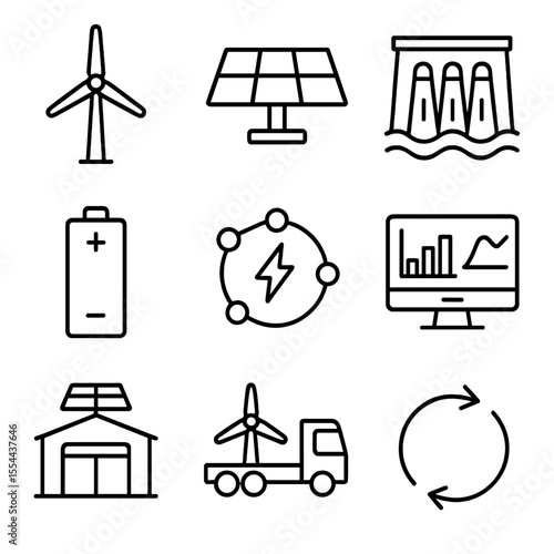 Renewable Energy Icons. Outline icon set of Renewable Energy Integration: wind turbine, solar panel array, hydroelectric dam,
