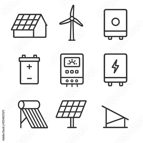 Renewable Energy Icons. Outline icon set of renewable energy installations: rooftop solar panel, small wind turbine, solar