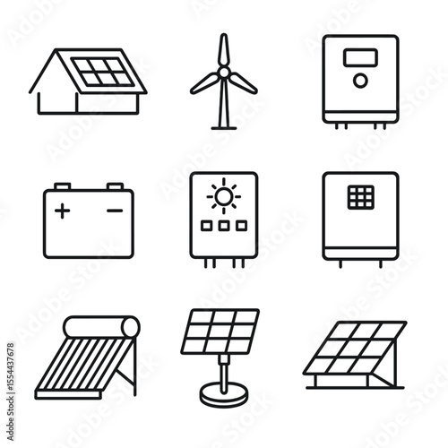 Renewable Energy Icons. Outline icon set of renewable energy installations: rooftop solar panel, small wind turbine, solar