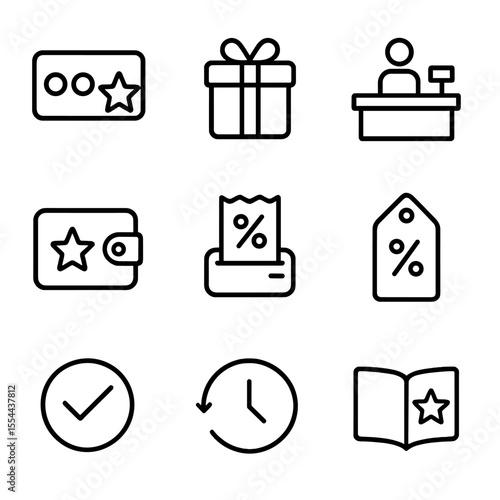 Reward Points Icons. Outline icon set of reward points redemption: points balance, redeem gift, checkout counter, digital wallet,