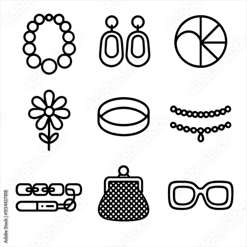 Retro Jewelry Icons. Outline icon set of Retro 1960s Costume Jewelry: chunky plastic bead necklace, oversized acrylic earrings,