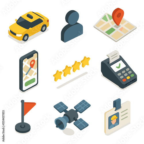 Ride-Hailing Icon Set. Isometric Flat icon set of Ride-Hailing Services: driver car, passenger silhouette, navigation map, app