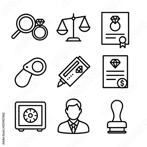 Ring Appraisal Icons. Outline icon set of ring appraisal process: magnifying glass, scale, certification document, jeweler loupe,