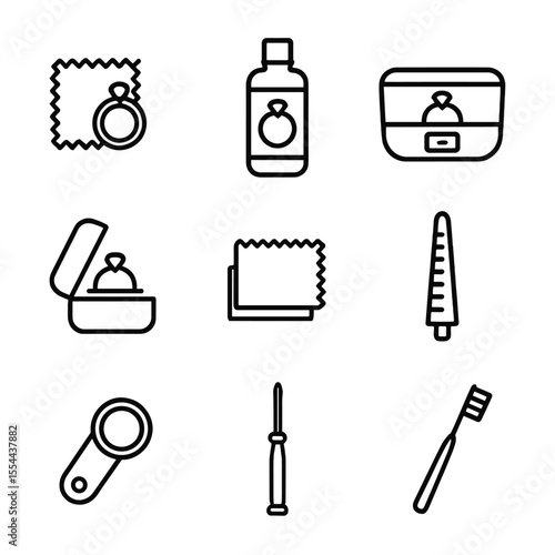 Ring Care Icons. Outline icon set of ring care tools: jewelry polishing cloth, ring cleaning solution, ultrasonic cleaner, jewelry