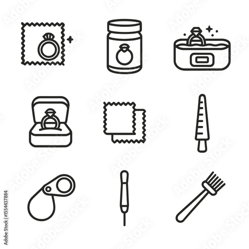Ring Care Icons. Outline icon set of ring care tools: jewelry polishing cloth, ring cleaning solution, ultrasonic cleaner, jewelry