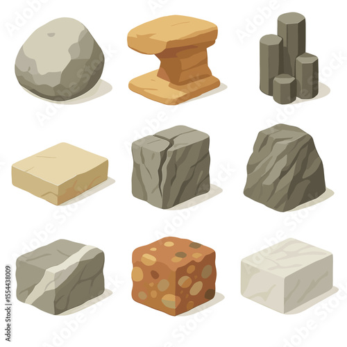 Rock Formation Icons. Isometric Flat icon set of rock types and formations: granite boulder, sandstone overhang, basalt column,