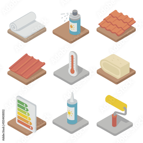 Roof Material Icons. Isometric Flat icon set of cool roof materials: white membrane sheet, reflective coating spray, tile roof