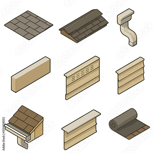 Roofing Icon Set. Isometric Flat icon set of roofing and siding coordination: asphalt shingle, roof ridge vent, gutter downspout,