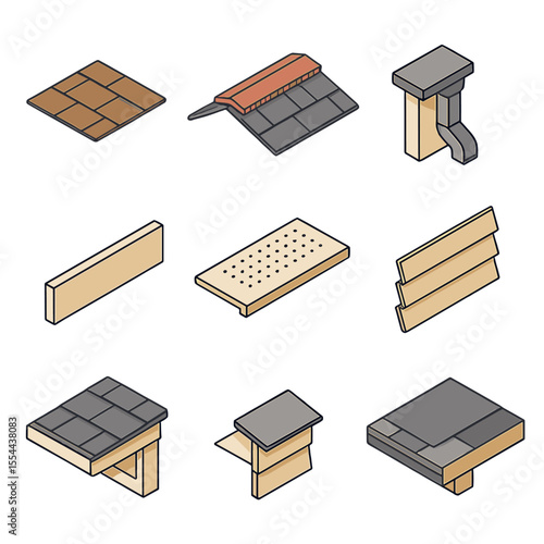 Roofing Icon Set. Isometric Flat icon set of roofing and siding coordination: asphalt shingle, roof ridge vent, gutter downspout,