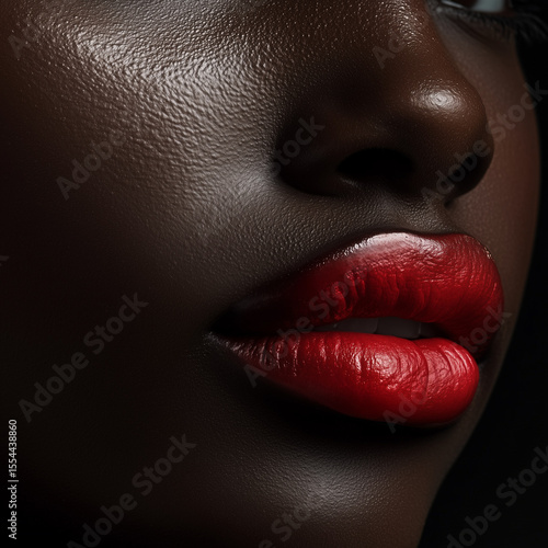 Close up of dark skinned woman with glossy red lips and smooth textured skin showcasing beauty and sensual elegance in makeup detail